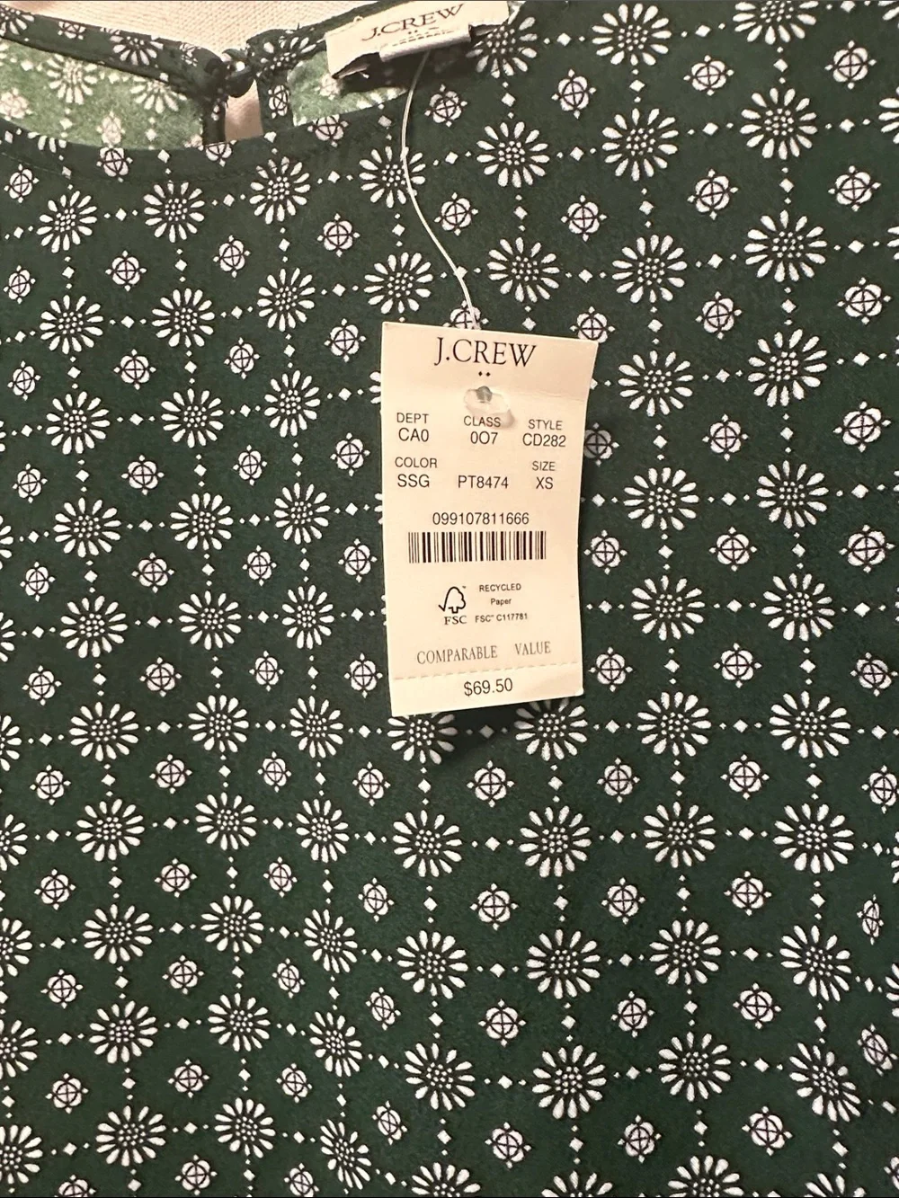 NWT J. Crew Dark Green Floral Short Sleeve Blouse